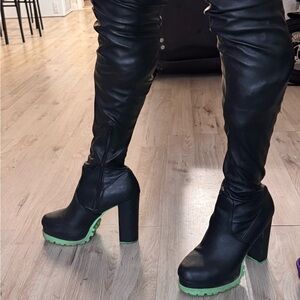 Black Knee-High Boots with Green Soles